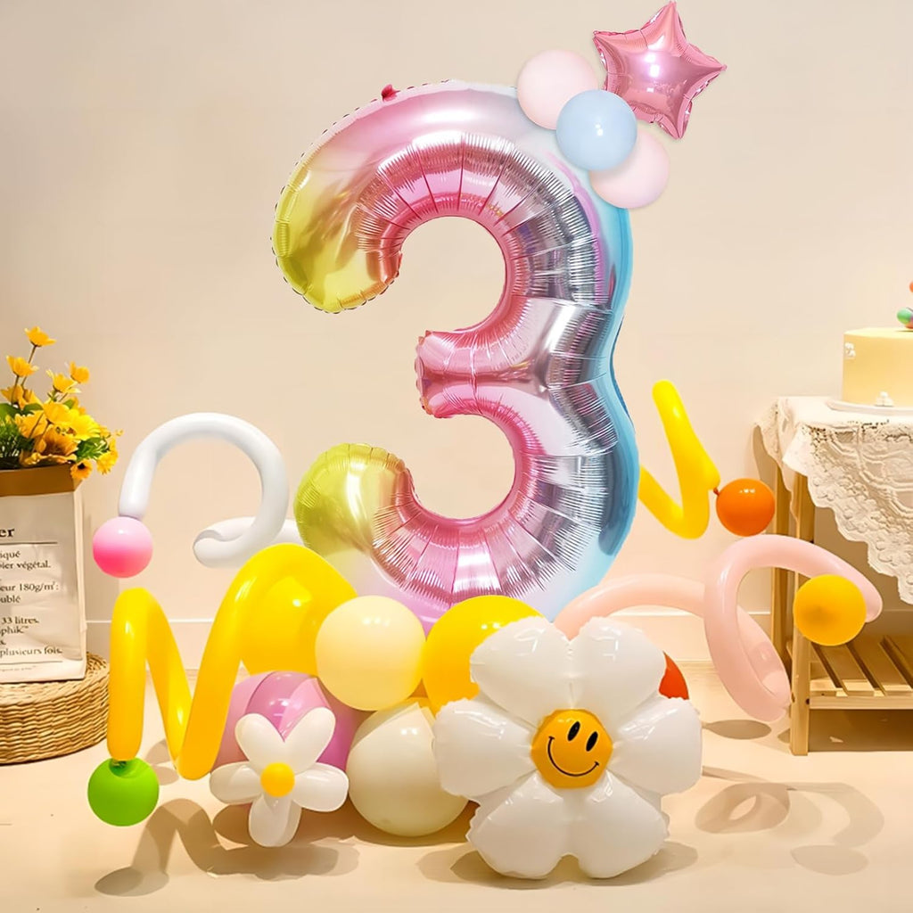 Skiennix 40-Inch Giant Rainbow Number 3 Balloons - Helium Mylar Foil for Birthday Party Decor
