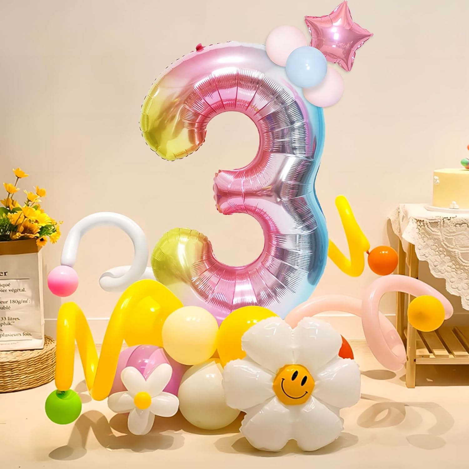 Skiennix 40-Inch Giant Rainbow Number 3 Balloons - Helium Mylar Foil for Birthday Party Decor