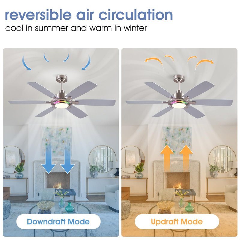 SHIHOT 54" RGB Ceiling Fans with Lights and Remote/APP,Modern Led Ceiling Fans with Quiet Reversible DC Motor,Sand Nickel