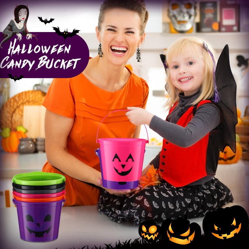 Jenaai 60 Pcs Halloween Plastic Buckets for Kids 5.71 x 4.53 x 4.53 Inch Halloween Trick or Treat Buckets Jack O Lantern Candy Basket Pumpkin Pail with Handle for Party Favor Supplies