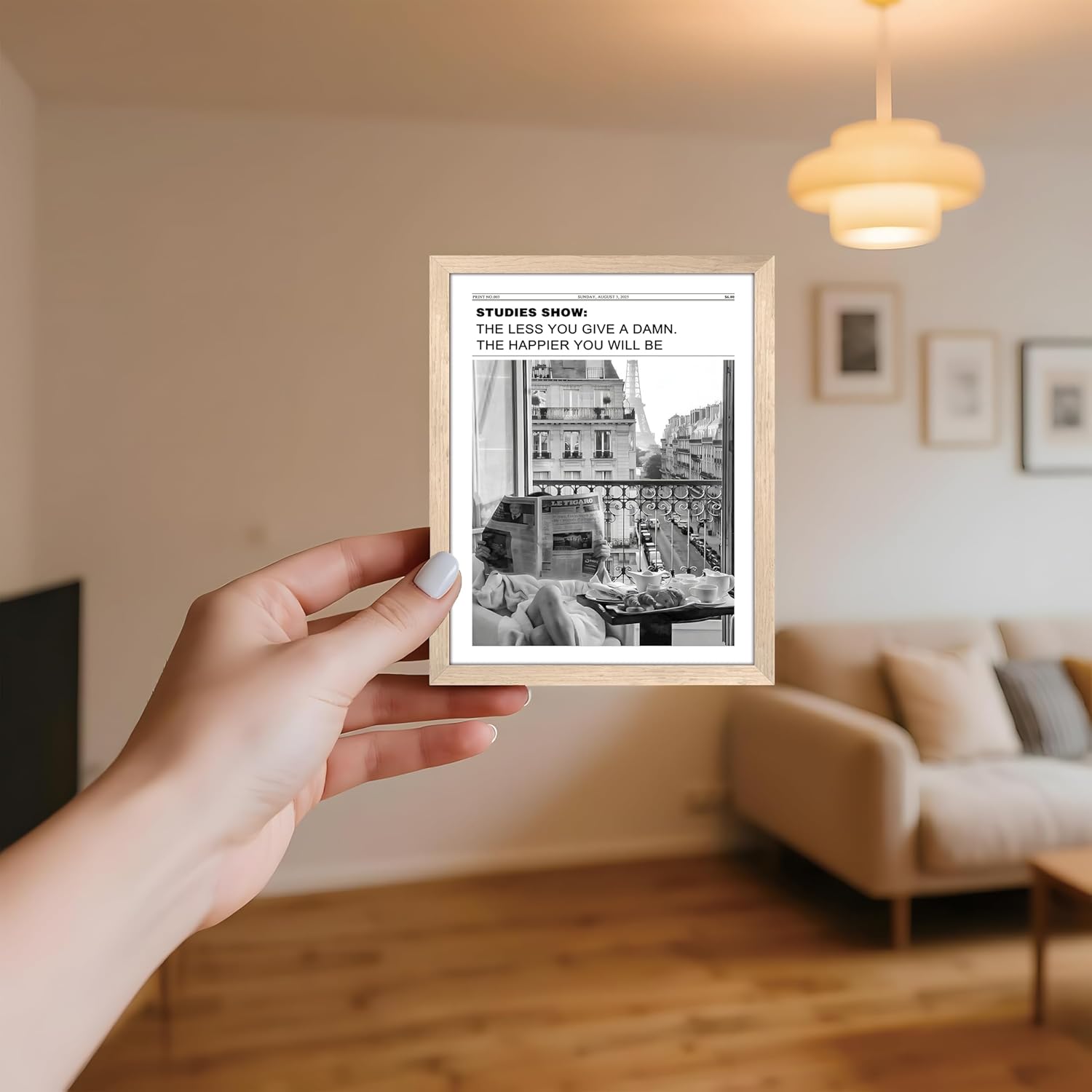 Vintage Black and White Newspaper Wall Art - Positive Headline Canvas Print for Bedroom & Bathroom | 8x10 Inch Light Wood Frame
