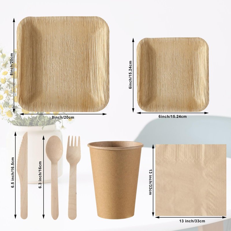 Bokon 350 Pcs Palm Leaf Disposable Dinnerware Set for 50 Guests, 50 Square Palm Leaf Plates 50 Dessert Plates 50 Forks 50 Spoons 50 Knives 50 Cups 50 Paper Napkins for Wedding Birthday Party Supplies