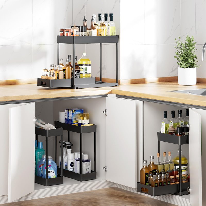 Delamu 3 Pack Under Sink Organizers and Storage, 2 Tier Black Bathroom Cabinet Organizer, Multi-Use Kitchen Bathroom Organizers and Storage, Under Counter Organizer with Hooks