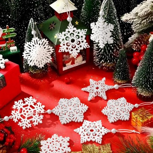 MEMOVAN 16PCS Wooden Snowflake Ornaments - 3-Inch White Hanging Decorations for Christmas Tree & Holiday Crafts