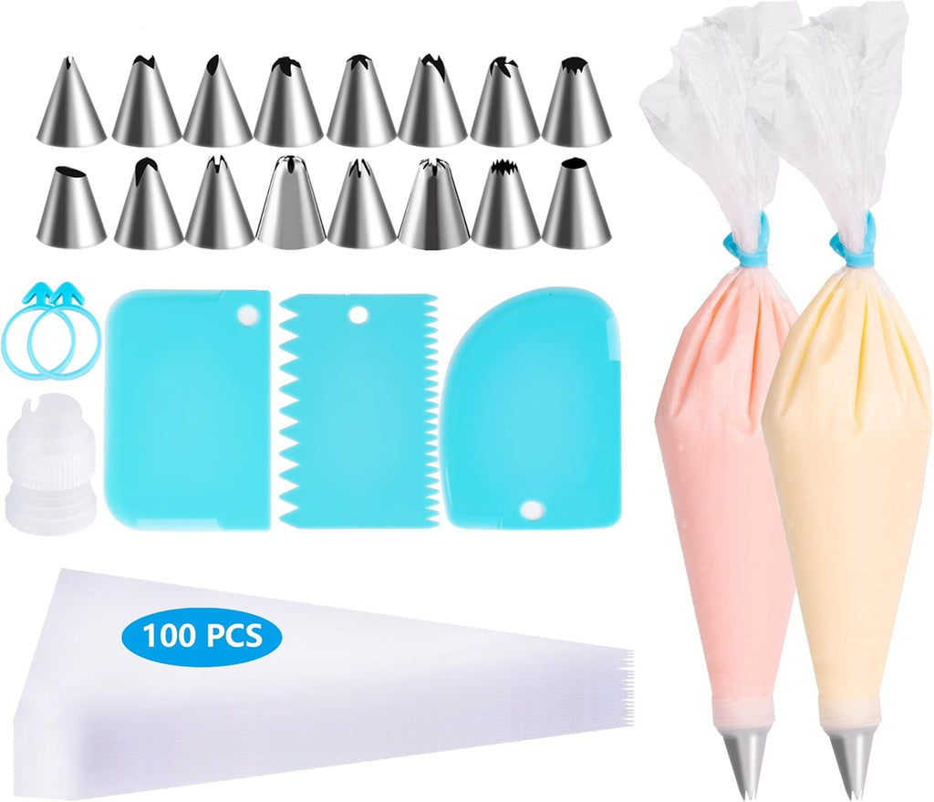 Skiennix Piping Bags and Tips Set - 100pcs Pastry Decorating Kit with 16 Tips & 3 Scrapers (12 Inch)