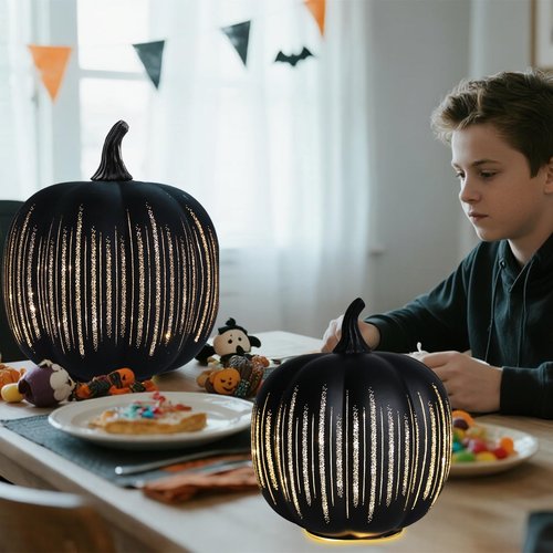 Halloween Glass Pumpkin Light up for Table Centerpiece Decorations Set of 2 Illuminated Starry Night Glass Pumpkins Twinkle LED Light up Fall Halloween Indoor Decoration for Home Black