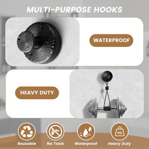 BKV Suction Cup Hooks - Removable Shower Hooks for Glass Windows | 2-Pack Black Metal Towel Holders