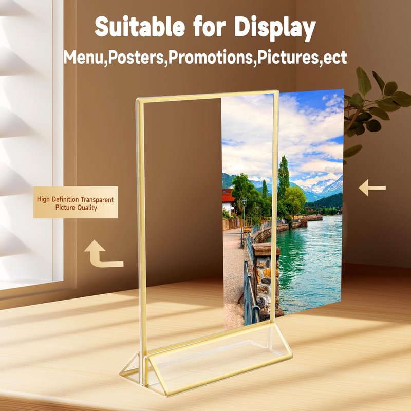 Ayuanb 5x7 Inch Acrylic Sign Holder with Gold Borders, 6 Pack Gold Picture Frames for Wedding, Double Sided Table Number Holders Menu Holders, Acrylic Stands for Display, Restaurant Signs