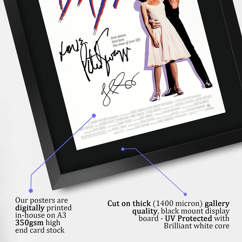 HWC Trading Dirty Dancing Movie Poster Cast Signed Patrick Swayze Jennifer Grey 16 x 12 inch Framed Gift Printed Autograph Film Print Photo Picture Display - 16" x 12" Framed