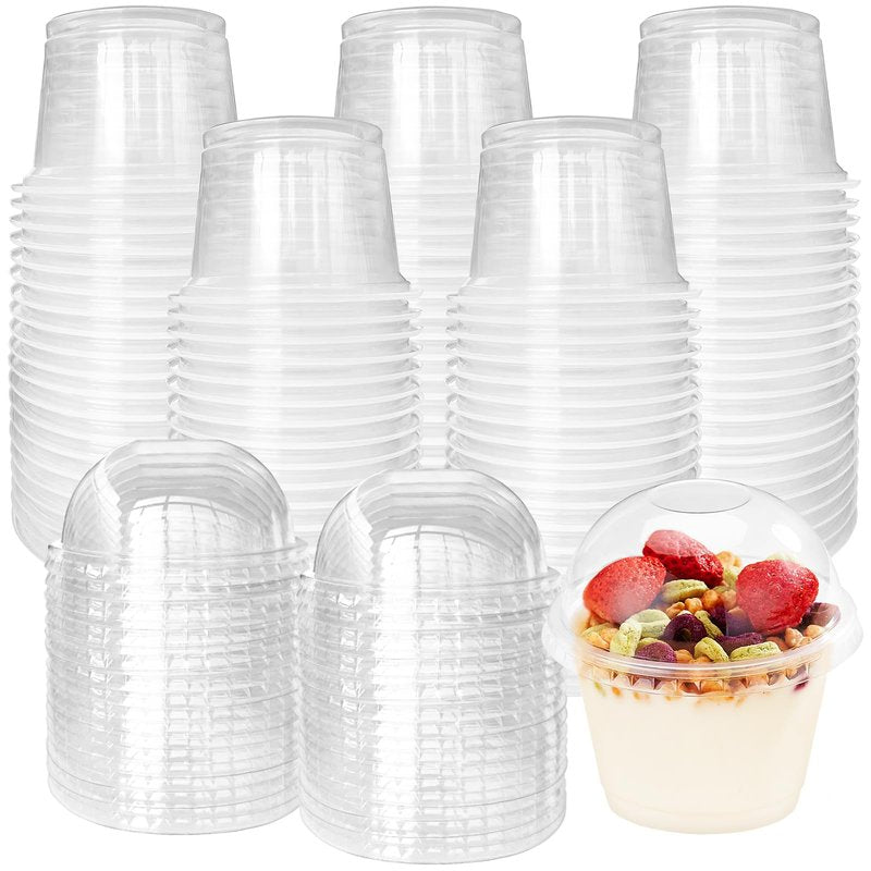 Panxxsen 100 Pcs 8oz Clear Plastic Cups with No Hole Dome Lids,Disposable Parfait Cups with Dome Lids,PET Dessert Cup,Fruit Cup for Dessert Salad and Fruit