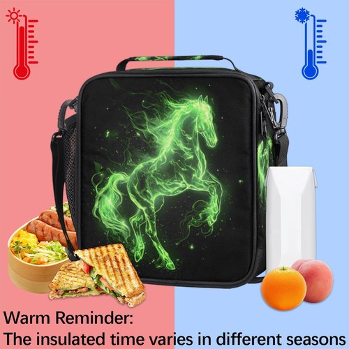 Pardick Lunch Box for Kids Boys Girls Green Fire Horse Kids Lunch Bag Insulated Lunch Bag Tote with Adjustable Shoulder Strap Teens Lunchbox Cooler School Picnic