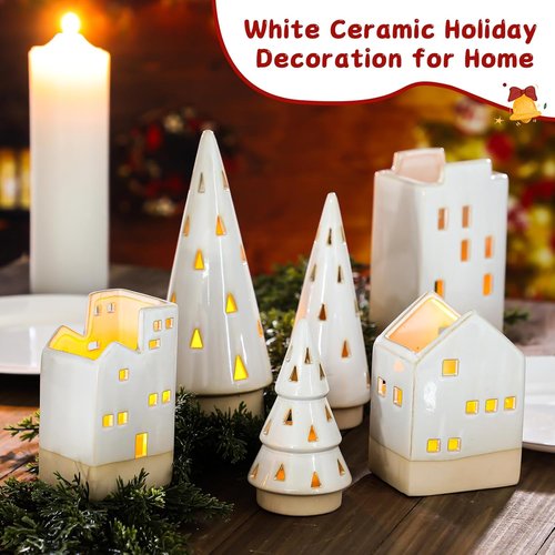 Beeveer Christmas Ceramic Buildings Decoration Set - 6 Pcs Tealight Candle Holders | Winter Holiday Centerpiece (4.4" to 9.4")