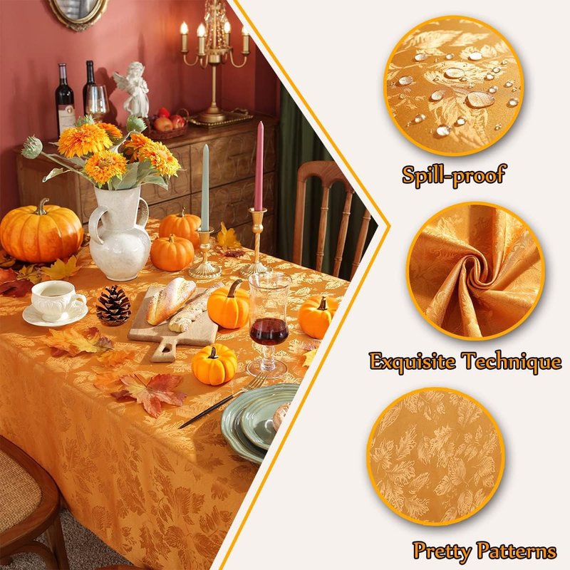 SASTYBALE Maple Leaves Jacquard Thanksgiving Tablecloth Rectangle Oil/Water Proof Fabric Damask Table Cloth for Fall, Autumn, Harvest, Rectangular/Oblong 52 x 70 Inch Amber