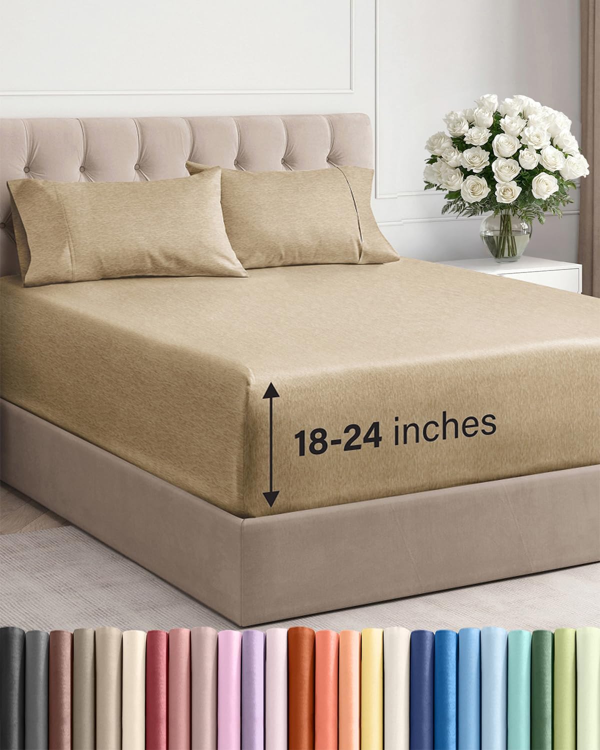 Skiennix Extra Deep Twin XL Sheet Set | 4-Piece Breathable Cooling Bedding - Soft, Wrinkle-Free, Heathered Tan