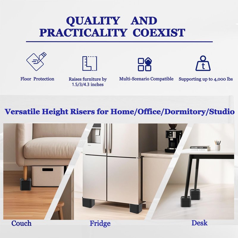 Bed Risers Heavy Duty, Adjustable Furniture Riser Blocks Lift 1.5, 3, 4.3 inches for Couch Table Desk Sofa Chair Legs, Refrigerator, Washing Machine - Support up to 4000 lbs (Black 4 Pack, 3 inch)