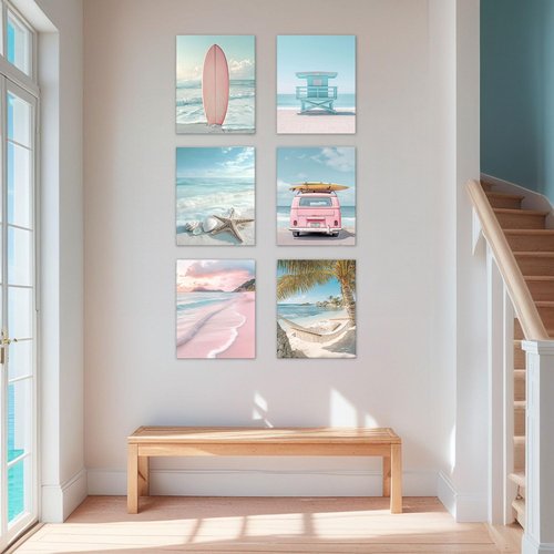 Pink Beach Scene Wall Art Surfboard 6 Piece Beachy Coastal Scene Prints, Tropical Relaxing Days Summer Print Canvas Artworks For Bedroom Girls Room Décor - Ready to Hang - Framed, Set of 6, 8x10Inch