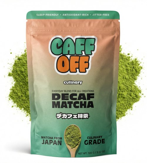 Caff Off Decaf Matcha Green Tea Powder From Japan - 3.52 oz / 100 g - Culinary Grade - Naturally Decaffeinated Using No Chemicals - Tested For Heavy Metals & Pestacides - First Harvest & Shade Grown Caffeine Free Matcha Powder