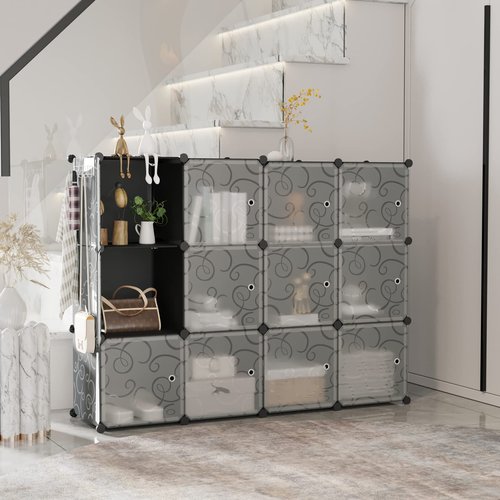 C&AHOME Cube Storage Organizer with Doors, 12-Cube Shelves, Closet Cabinet, DIY Plastic Modular Bookshelf Ideal for Bedroom, Living Room, 36.6”L x 12.4”W x 48.4”H Black USHS3012B-DOOR