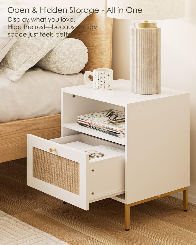 Apetaccat Extra Large Nightstand Rattan Night Stand, Modern Side Table Boho Farmhouse Wood Bedside Table with Storage Drawer and Open Shelf,Large End Table for Bedroom,Living Room,Office(White)