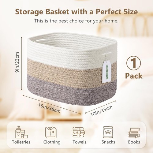 ECDYQXVU Cotton Rope Storage Basket - Woven Organizer for Shelves, Clothes & Towels | 15x10x9 Inches, White/Brown