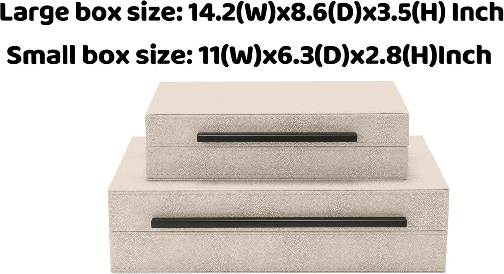 Sagala Ivory Shagreen Decorative Boxes - Set of 2 Modern Faux Leather Jewelry Organizers | Black Metal Handles