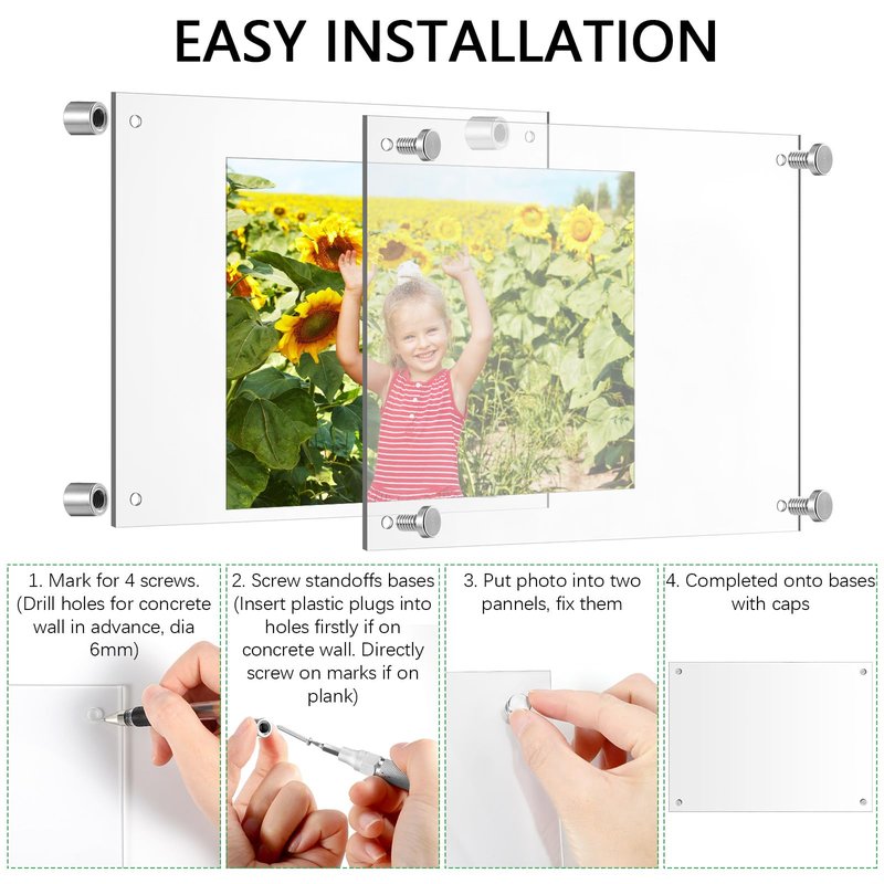 Yalikop 12 Pcs Acrylic Floating Picture Frame 8.5 x 11 Inches Wall Mount Frameless Photo Frames Double Panel Clear for Home Office Photo Display, Full Size 9.6 x 13.2 Inch (Silver)