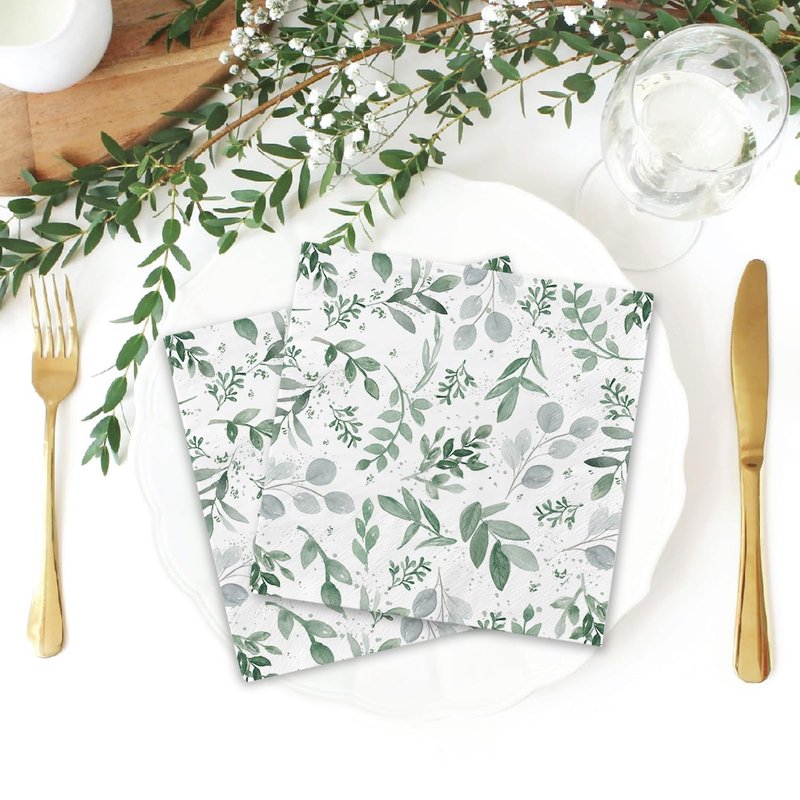 Kamiilah 80 Pack Spring And Summer Green Leaf Napkin 6.5×6.5 Inch Disposable Decorative Watercolor Eucalyptus Leaves Plant Picnic Dessert Dinner Party Wedding Supplies Napkin
