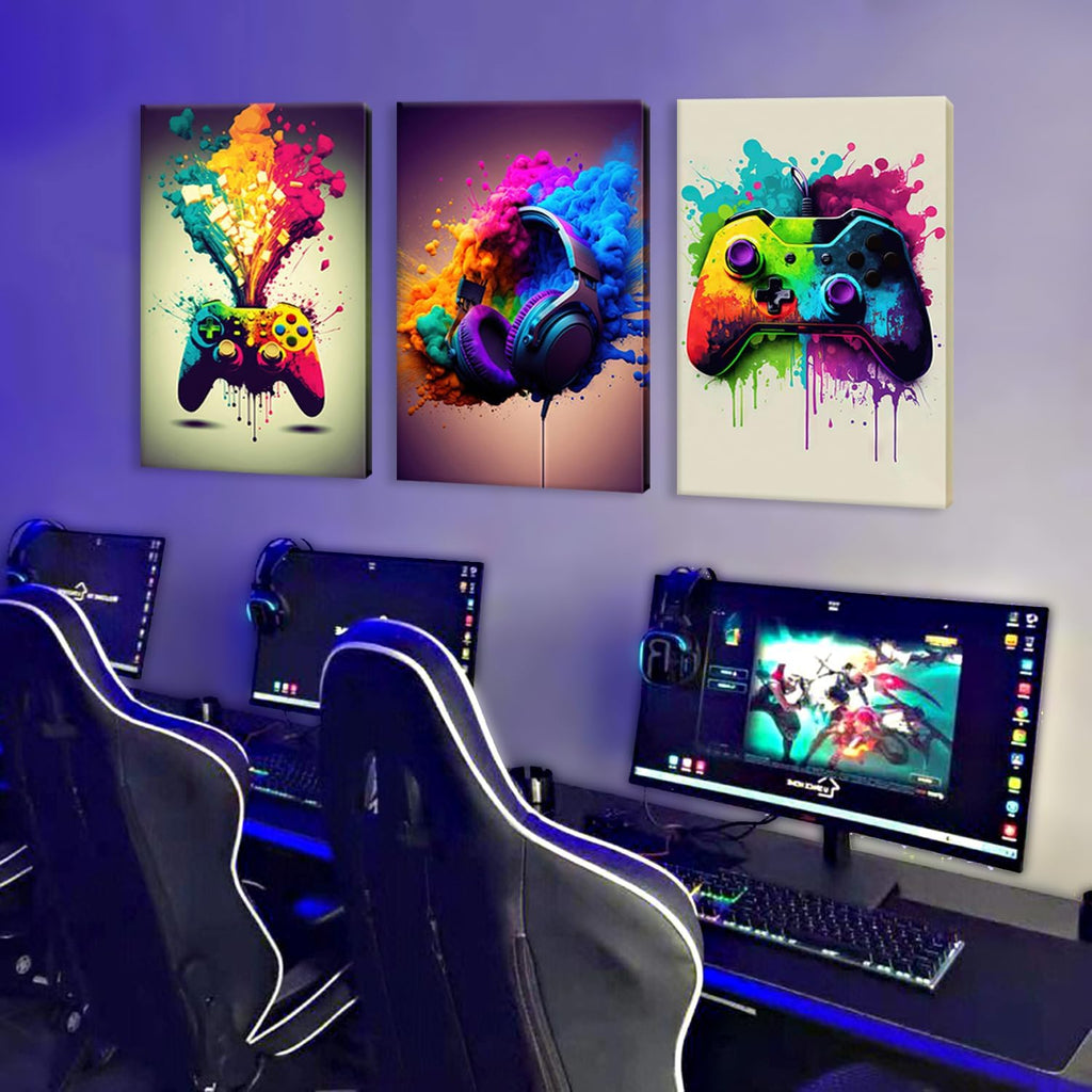 Skiennix Framed 3-Piece Game Room Wall Art - Neon Video Game Graffiti Posters | 12x16 Inch Decor