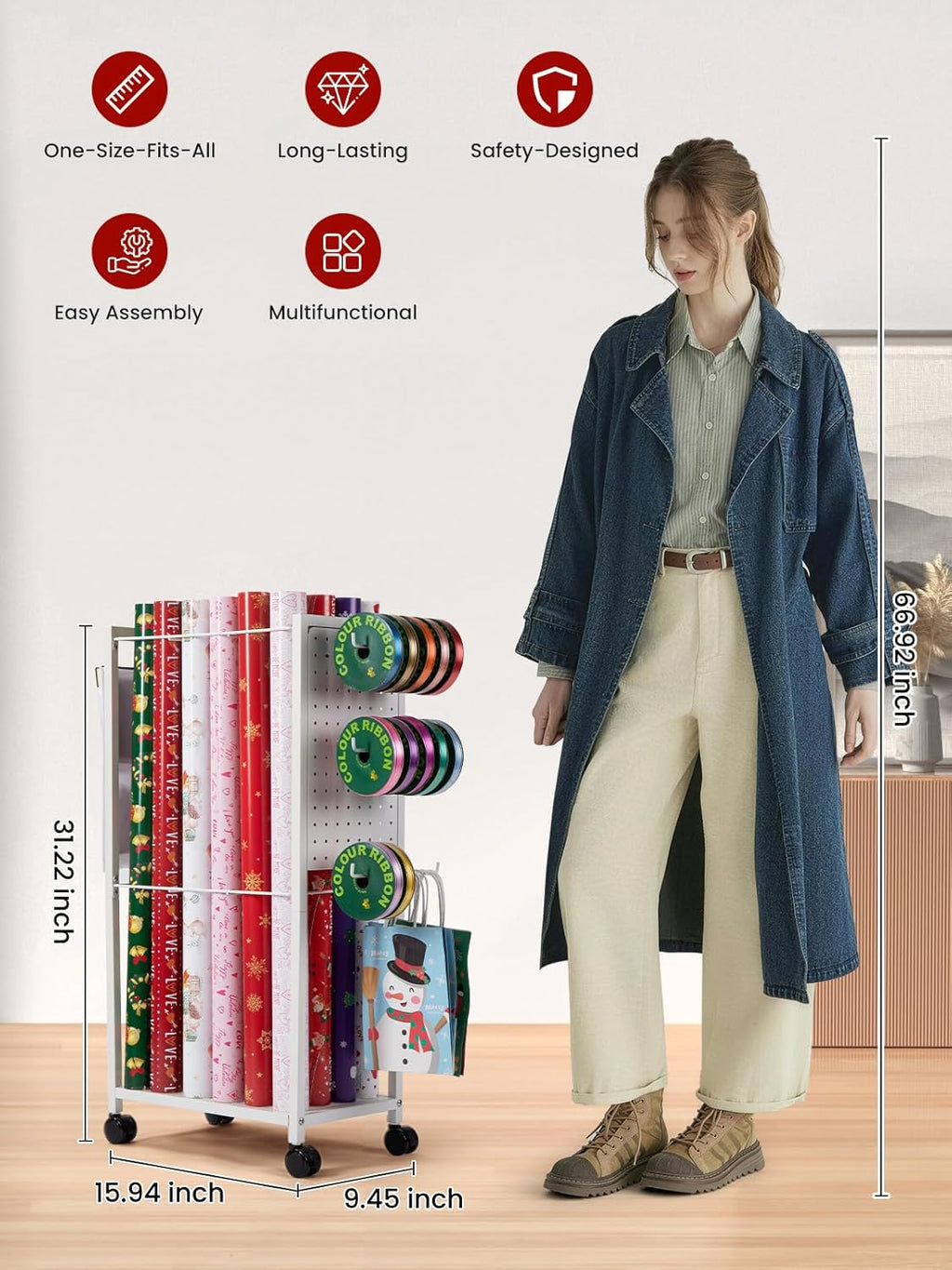Wrapping Paper Cart - Gift Wrap Organizer with Rolling Storage Stand & Ribbon Holders | 12 PCS Slap Bracelets Included