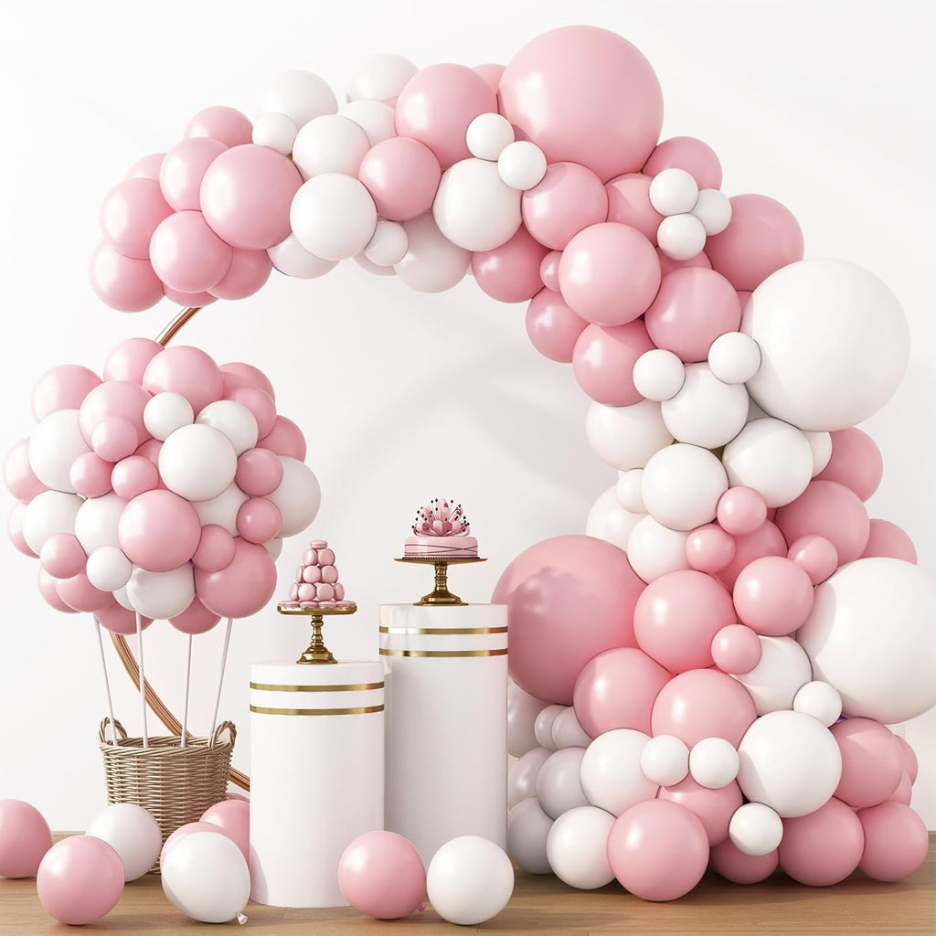 RUBFAC Latex Balloon Garland Kit - 129-Piece White & Pink Balloons for Birthday, Wedding, Baby Shower | 5-12 Inch Sizes
