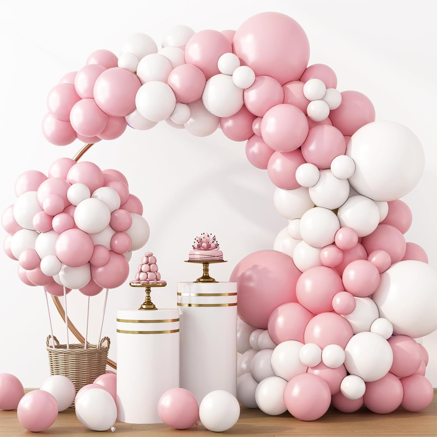 RUBFAC Latex Balloon Garland Kit - 129-Piece White & Pink Balloons for Birthday, Wedding, Baby Shower | 5-12 Inch Sizes