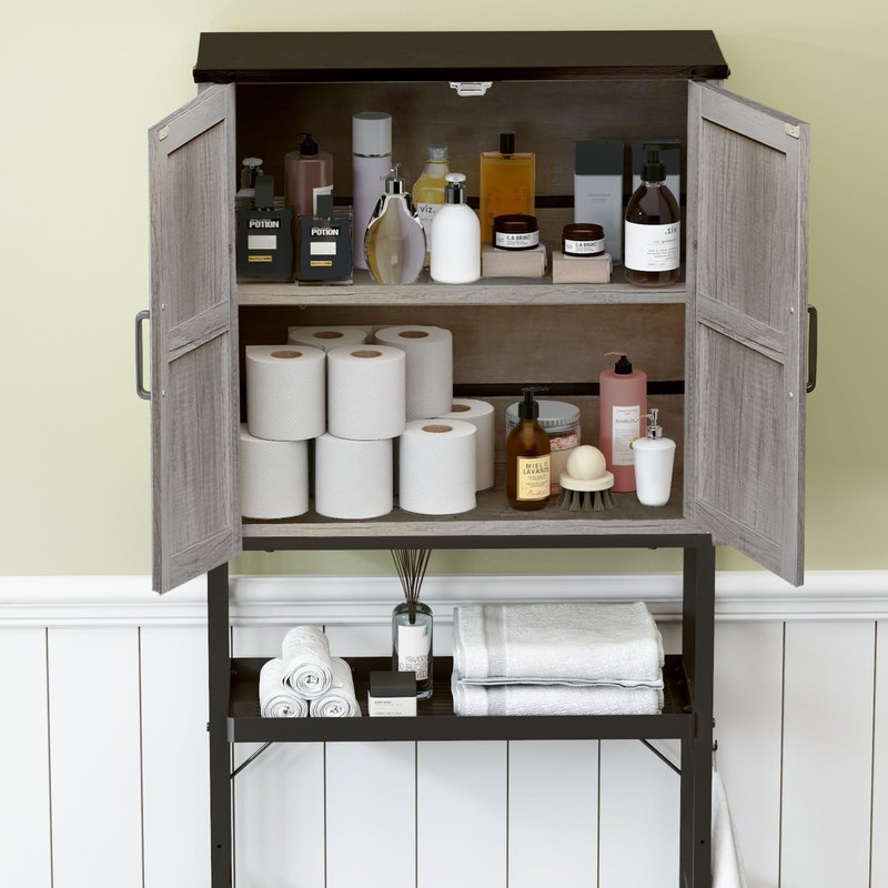 Timboniture Over The Toilet Storage Cabinet, Bathroom Above Toilet Cabinet Organizer with Doors and Adjustable Shelves, Bathroom Shelf Organizer with Anti-Tip Device & Drain Rack, White (Brown)