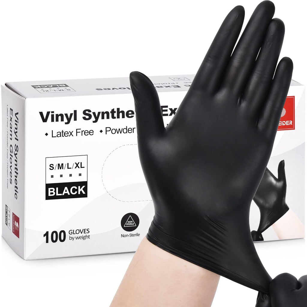 Vinyl Exam Gloves - 4 Mil Thickness | Medium Size, Black & Clear - 100 Count Boxes