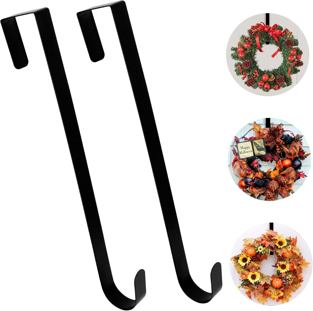 Skiennix Wreath Hangers - 15 Inch Black Metal Over The Door Hooks | 2 Pack for Seasonal Decor