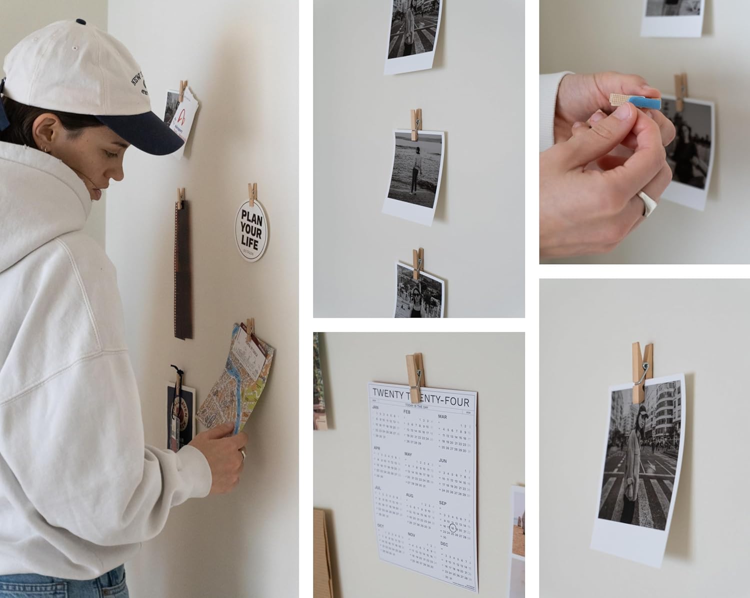 Skiennix 20 Pack Mini Self-Adhesive Clips - Beige Wood Photo Holders for Wall & Artwork Display