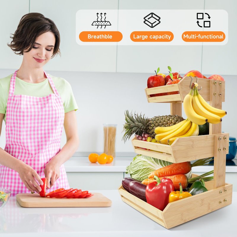 KISENG Bamboo 3 Tier Fruit Basket Stand for Kitchen Counter, Tiered Wooden Large Countertop Vegetable Fruit Holder with Banana Hook, Black