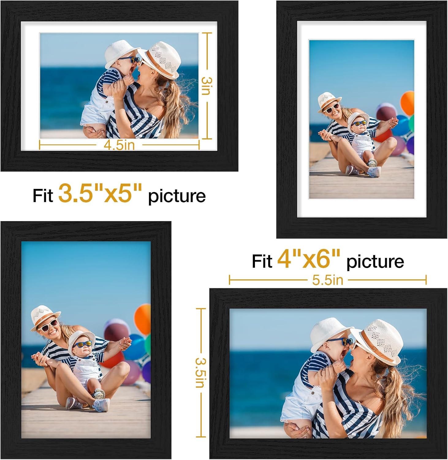 Vittanly Picture Frame Set of 3 - 4x6 & 3.5x5 Display Options | Black Engineered Wood for Wall & Tabletop