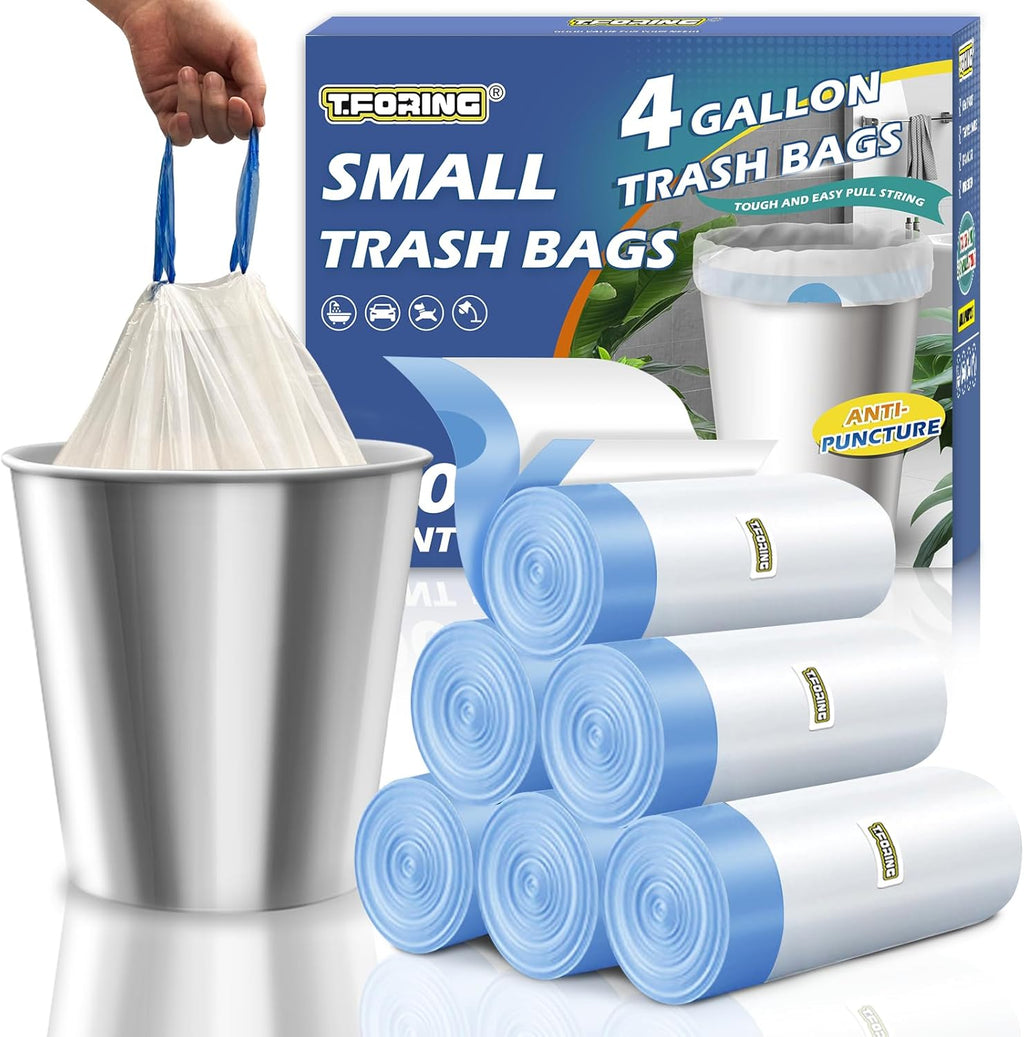 Skiennix 4 Gallon Drawstring Trash Bags - Thick 1.1 Mil White Plastic Garbage Liners for Home & Office