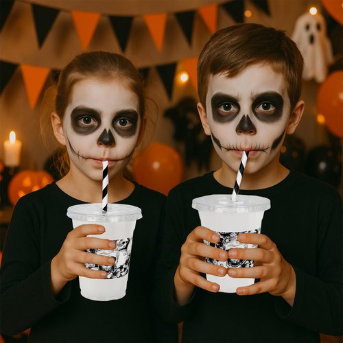 Whaline 50Pcs 12Oz Halloween Disposable Plastic Cups with Lids and Straws Black Gothic Sketch Skull Floral Cold Beverage Drinking Cups for Trick or Treat Party Supplies