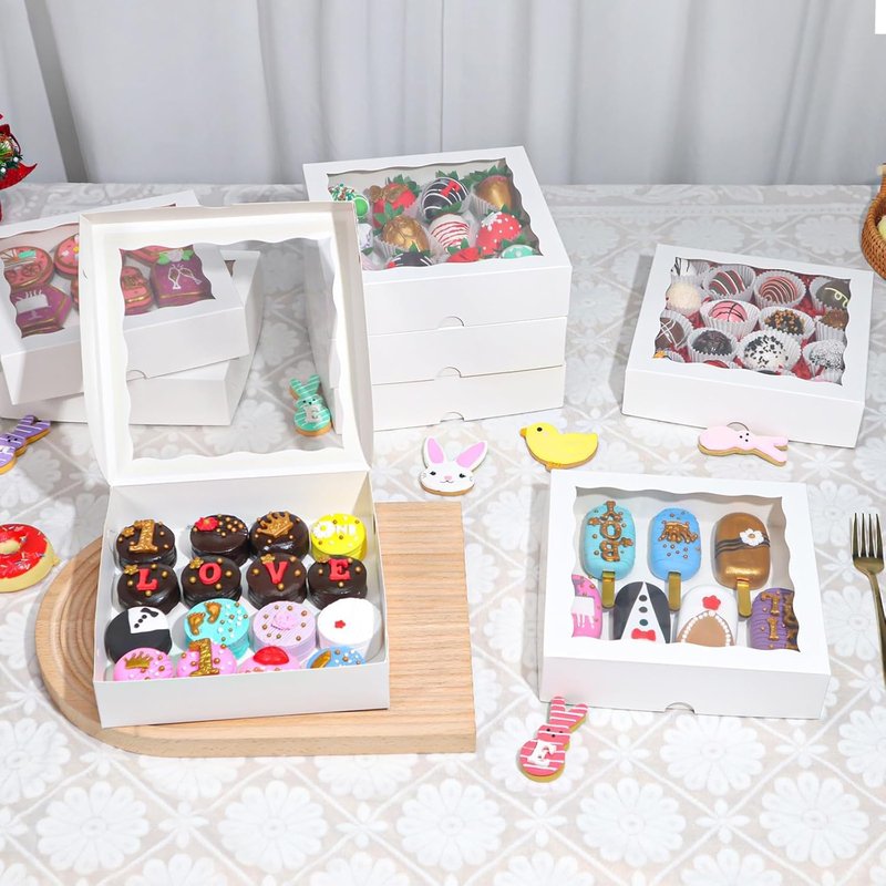 RomanticBaking 50pcs 8x8x2 Inches Bakery Boxes with Window Cookies Boxes Chocolate Covered Strawberries Boxes Cakesicle Boxes for Christmas Valentine's Halloween Easter Father's Mother's Day