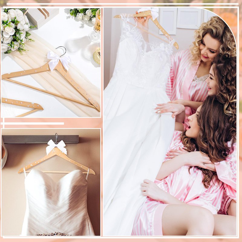 Wonderjune 10 Pcs Bridesmaid Hangers for Wedding Bride Groom Ribbon Bow Pearl Hanger Wood Color Elegant Wooden Dress for Bridal Shower Tuxedo Photo Keepsake Party Gift(Pearl Bow,White)