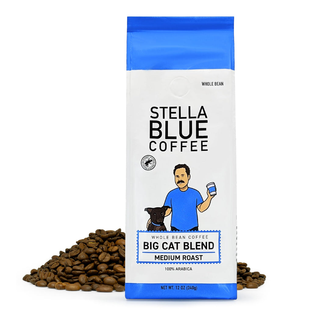Stella Blue Whole Bean Coffee, Big Cat Blend, Medium Roast Caramel Hazelnut, Fruity Notes 100% Arabica Beans, Ethically Sourced from Central and South America, Smooth Balanced, 12oz Bag