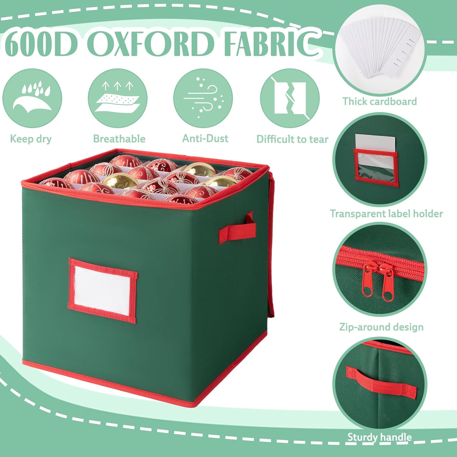 OIAHOMY Ornament Storage Box - 2 Pack Holds 64 Balls Each | Durable 600D Oxford Fabric - Green