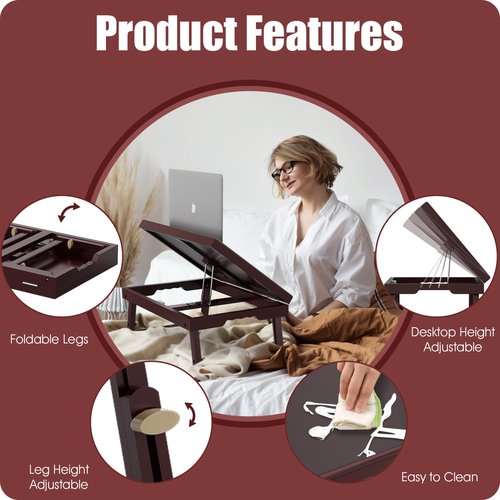 Bamboo Adjustable & Foldable Bed Tray Table with Ergonomic Handle, 17x12in Breakfast Tray for Eating, Laptop Desk, Sofa Snacking, Non-Slip Surface (Mahogany)