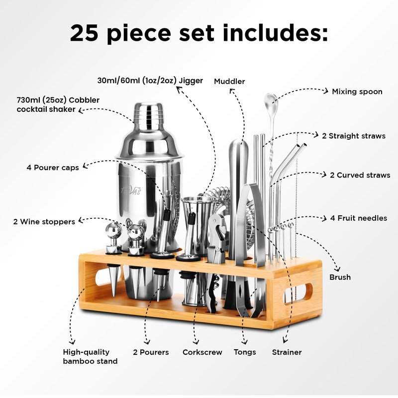 TEAVAS Mixology Black Bartender Kit with Japanese Jigger & Stand - 13 Piece Stainless Steel Cocktail Making Set - Boston Shaker, Strainer, Mixer Spoon, Muddler - Barware Anniversary & Birthday Gifts