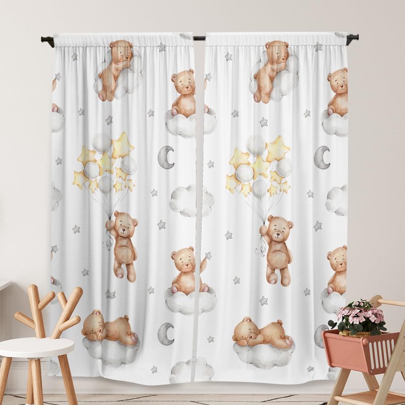 Yilinata Bear Themed Curtains for Kids Boys Girls Kawaii Sleeping Bears Cloud Balloon Nursery Toddler Rod Pocket Drapes Home Living Room Baby Bedroom Decor Durable Fabric 84 in X 84 in