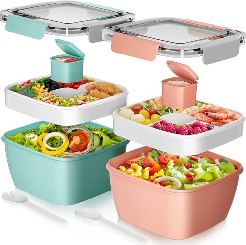 Cherrysea Salad Lunch Box - 2-Pack Bowls with 3 Compartments, Leak-Proof Design - Green & Pink