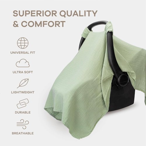 Comfy Cubs Baby Car Seat Cover - Soft Bamboo Rayon & Muslin Cotton Blend - Lightweight Sage Canopy for Sun & Bug Protection