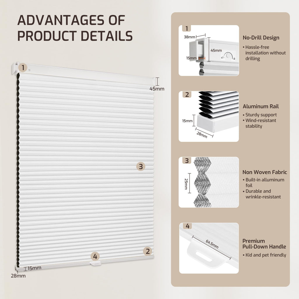 Grandekor No Tools No Drill Cordless Cellular Shades,46" W x 48" H,Blackout Honeycomb Blinds for Indoor Windows,UV Protection Privacy No Drill Blinds for Home,Door,White