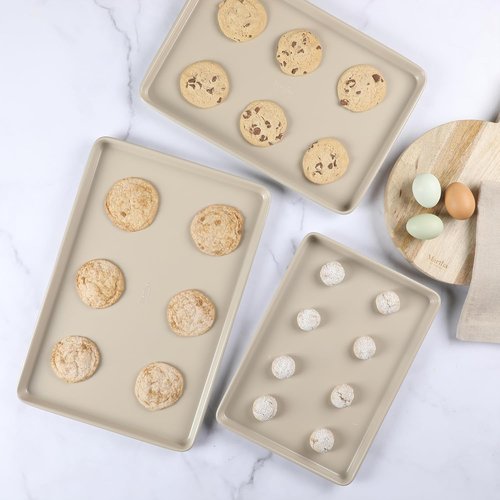 Martha Stewart Gallen 3-Piece Cookie Sheet Set - Nonstick Ceramic Baking Pans, Oven Safe to 450°F, Taupe